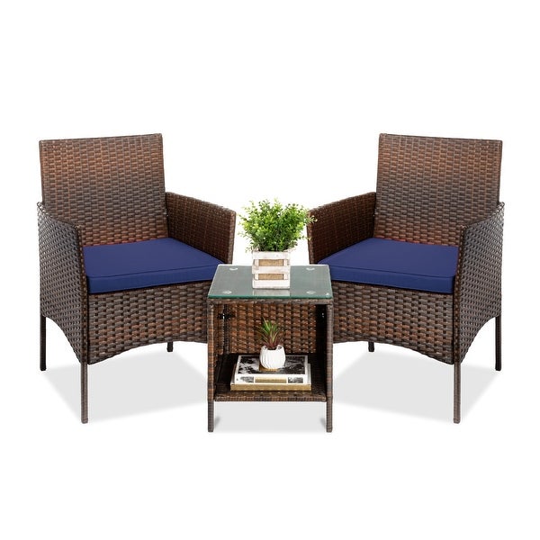 3-Piece Outdoor Wicker Conversation Bistro Set， Patio Chat Furniture w/ 2 Chairs， Table - Brown/Red - Overstock - 37181379