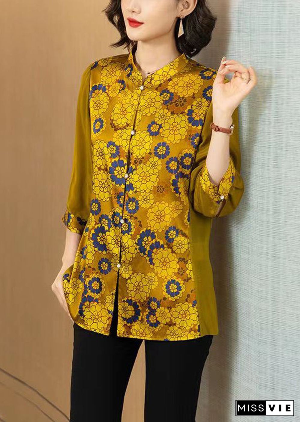 Women Yellow Print Button Patchwork Silk Shirt Bracelet Sleeve