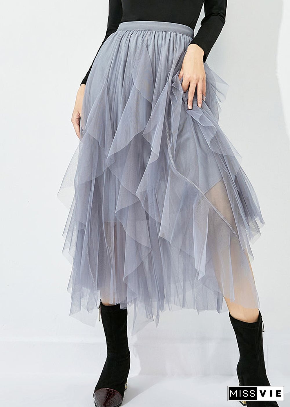 Women Grey Elastic Waist Exra Large Hem Tulle Skirt Summer