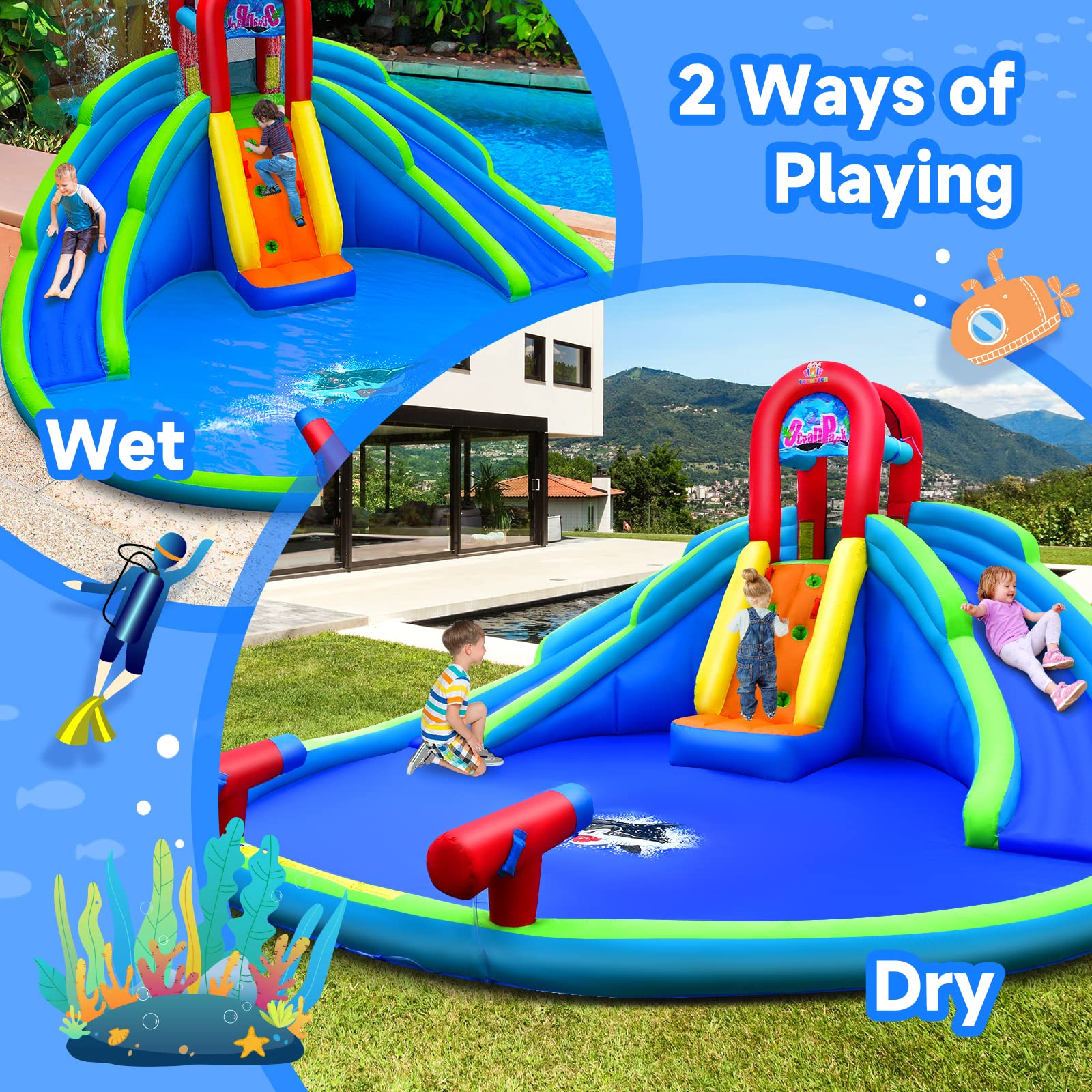 Inflatable Water Slide for Kids, Mighty Kids Inflatable Water Park w/Splash Pool