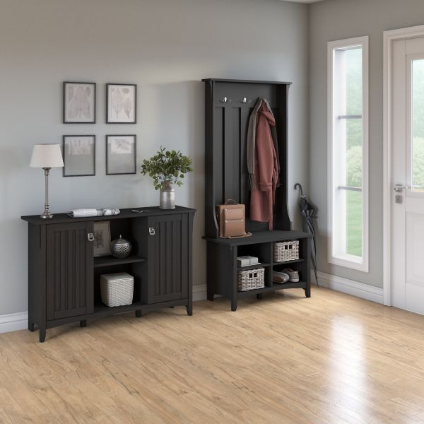 Bush Furniture Salinas Entryway Storage Set with Hall Tree， Shoe Bench and Accent Cabinet in Vintage Black