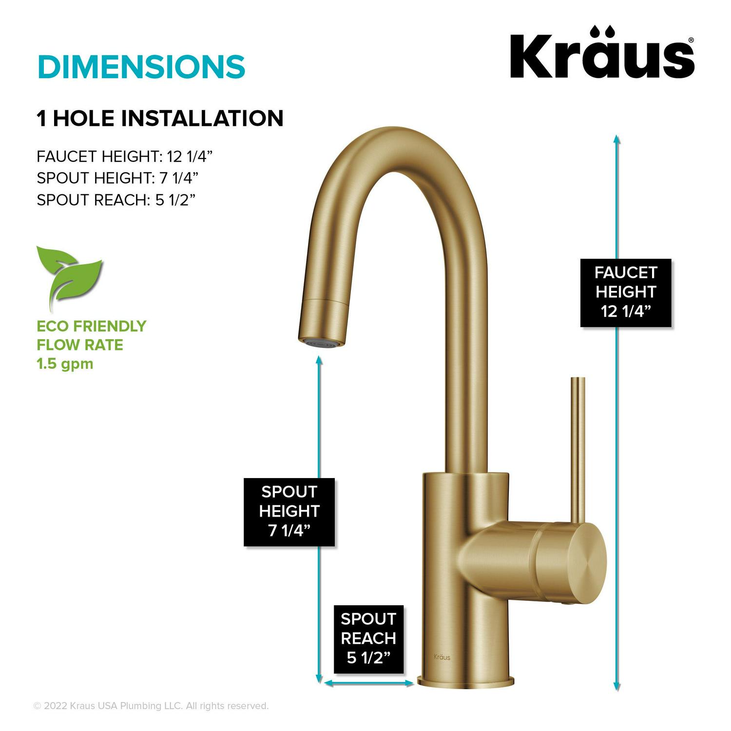 KRAUS Oletto Single Handle Kitchen Bar Faucet with QuickDock Top Mount Assembly in Brushed Brass