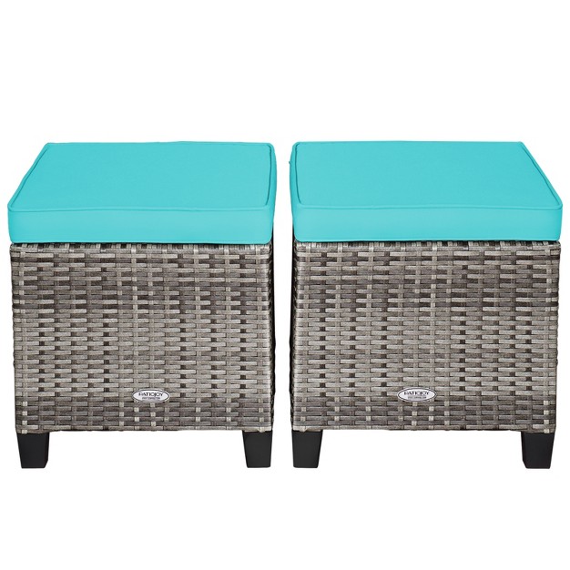 Tangkula Set Of 2 Outdoor Rattan Cushioned Ottoman Seat All Weather Patio Footrest Red turquoise