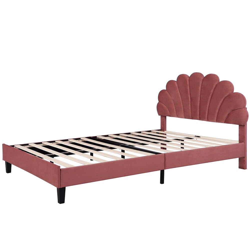 Far Ahead Theme Velvet Platform Bed Upholstered Bed with Flowers Shaped Headboard  Wood Slat Platform Bed for Bedroom