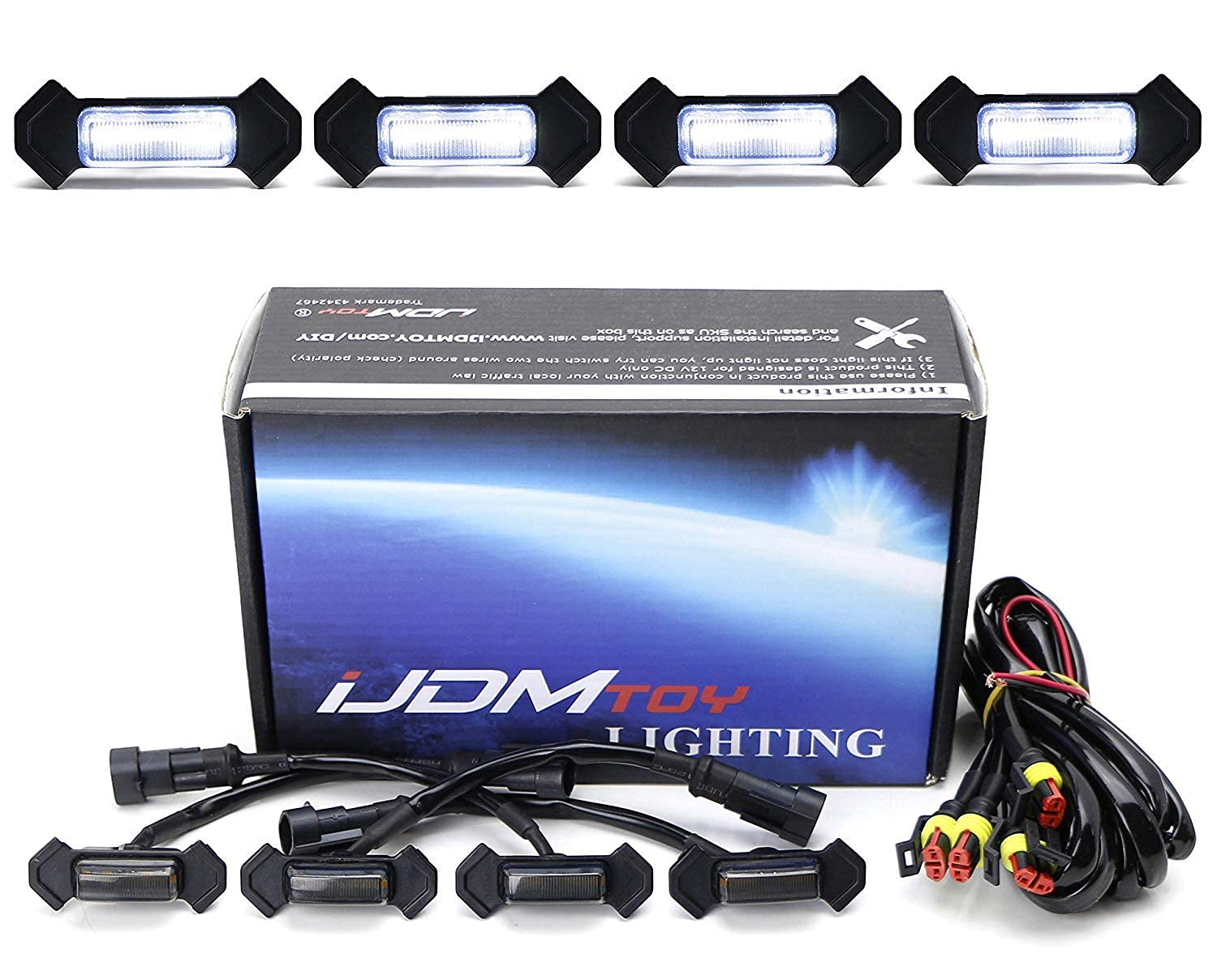 iJDMTOY 4pc Set Smoked Lens Front Grille Lighting Kit Compatible With 2016-up Toyota Tacoma w/TRD Pro Grill ONLY， Includes (4) 4-SMD 6000K White LED Light Assy and Wiring Harness