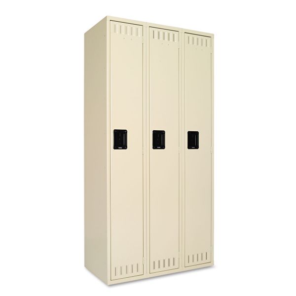 Tennsco Single-Tier Locker， Three Lockers with Hat Shelves and Coat Rods， 36w x 18d x 72h， Sand