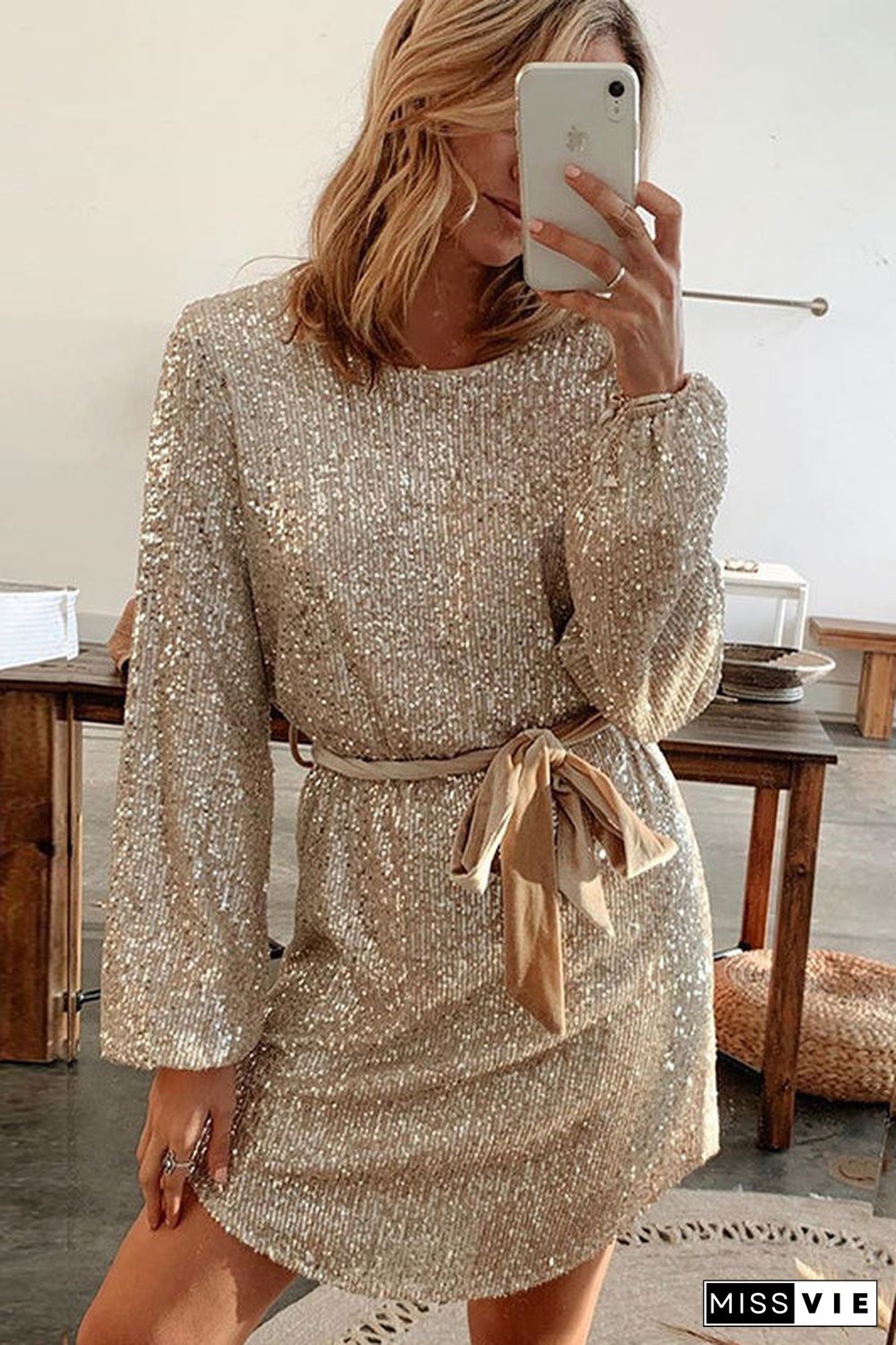 Long Sleeve Boat Neck Sequined Party Mini Dress