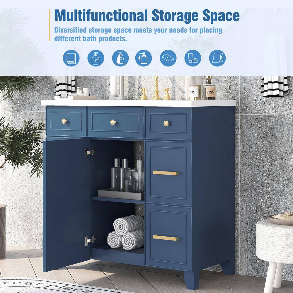 Aoibox 36 in. W x 18 in. D x 34 in. H Freestanding Bathroom Vanity Cabinet in Navy Blue with White Sink Top SNMX4439