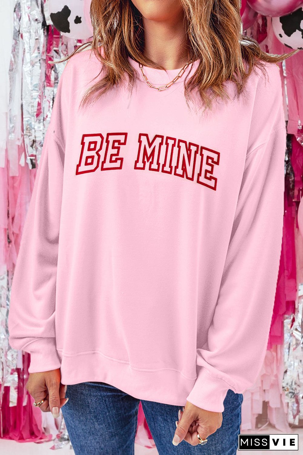 Pink BE MINE Puff Graphic Pullover Sweatshirt