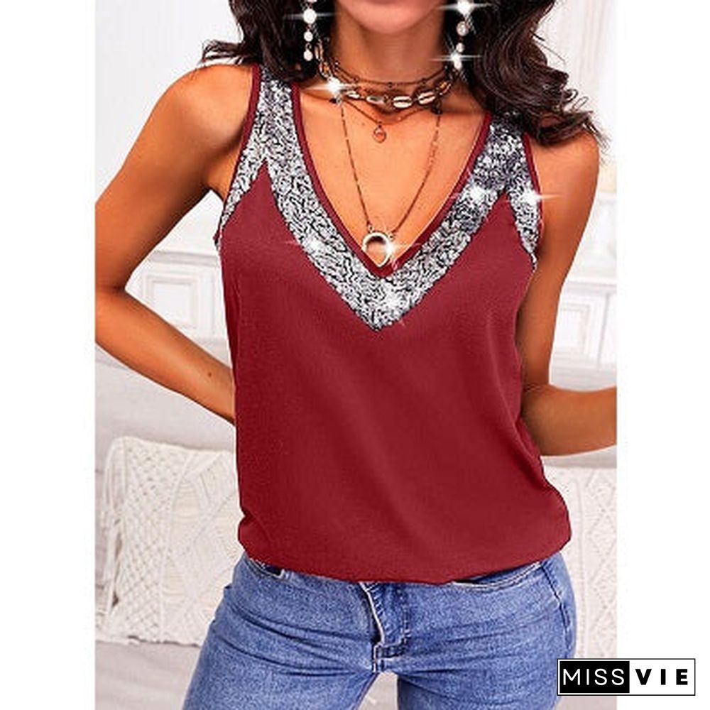 Sleeveless V Neck Solid Color Tank Top