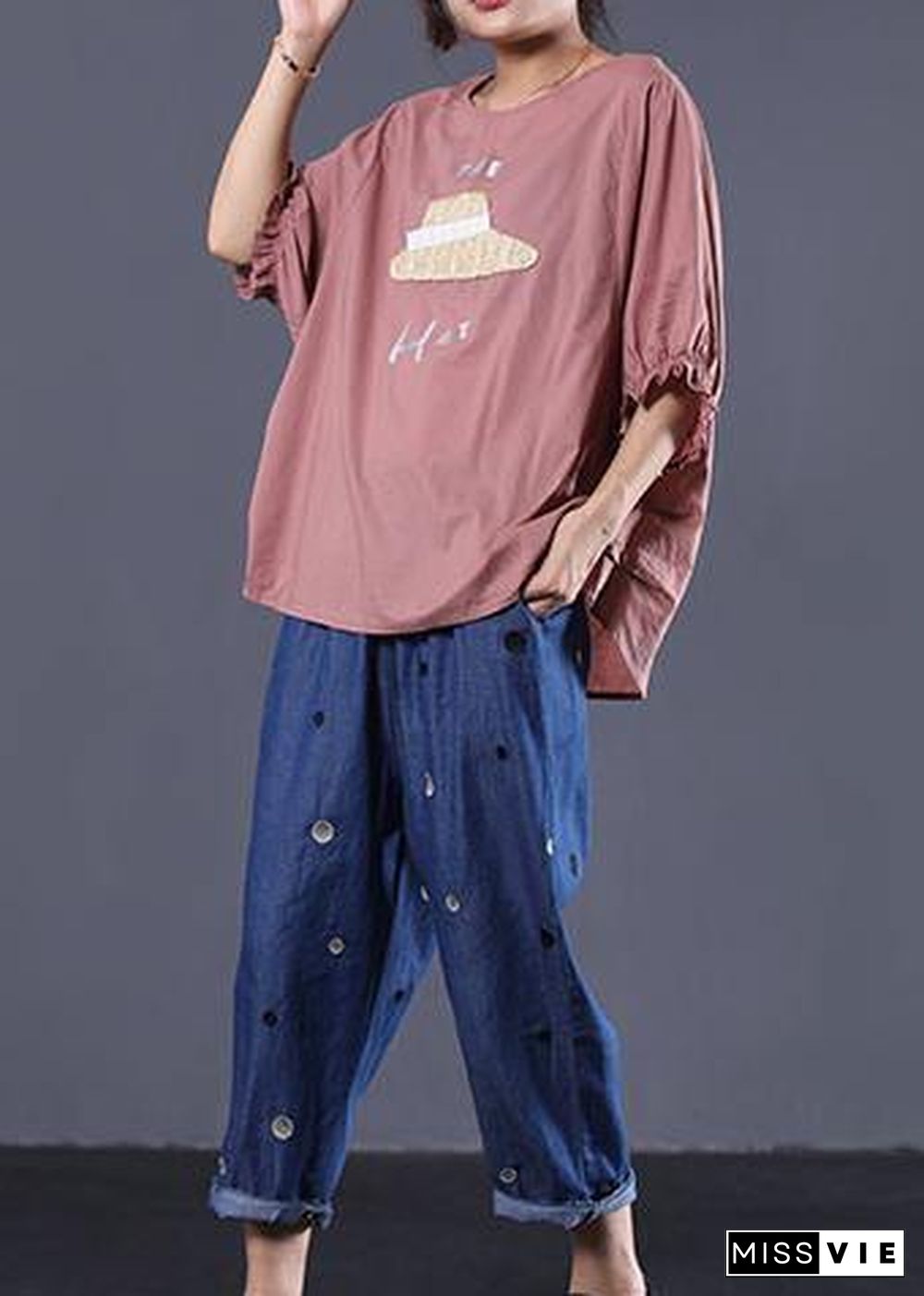 Handmade o neck cotton Long Shirts Inspiration pink prints top summer