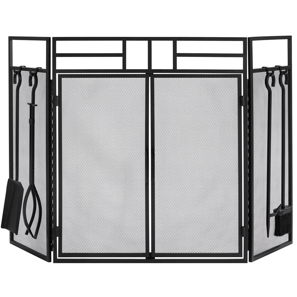 Easyfashion Foldable Fireplace Screen Tools Set Large Mesh Spark Guard Gate， Black