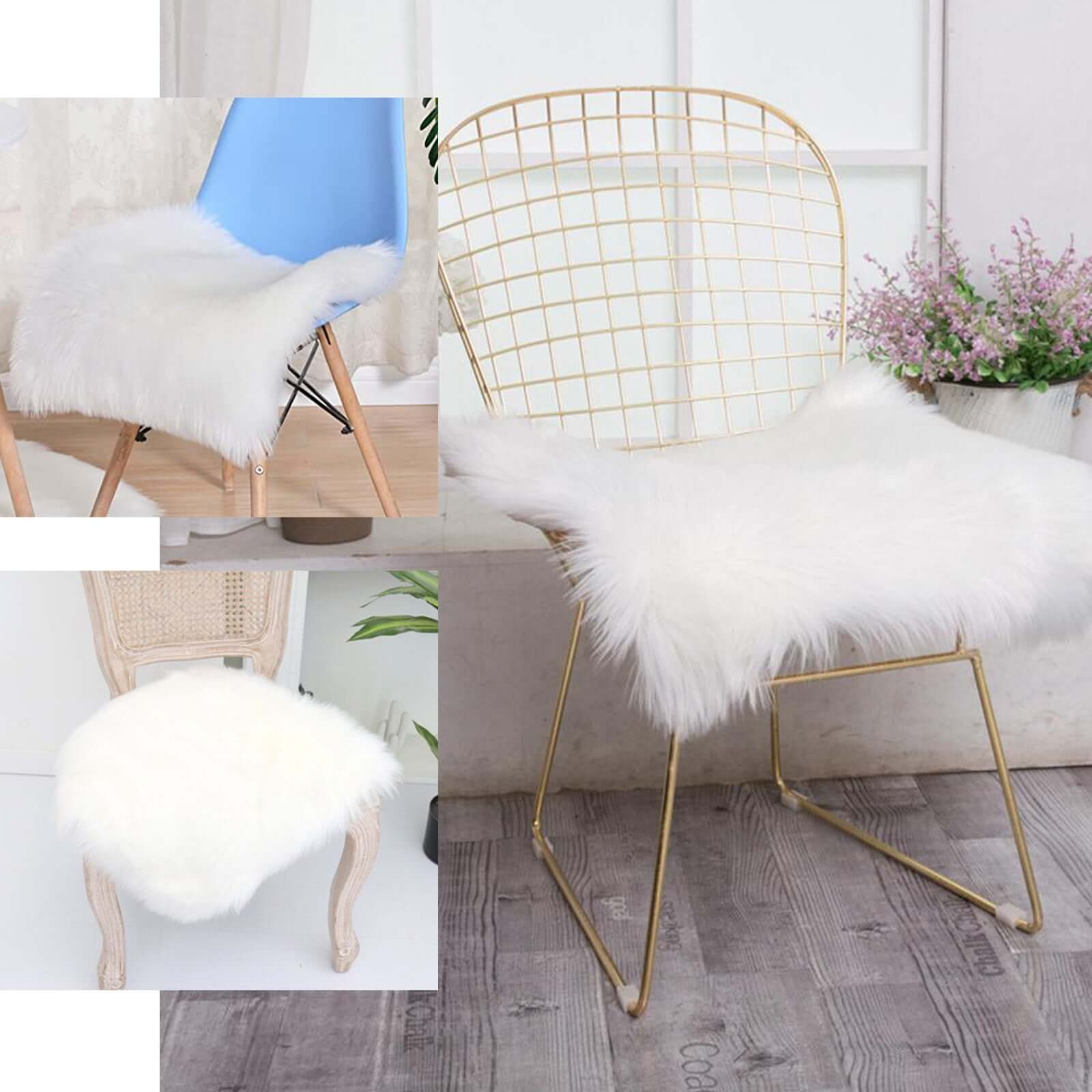 Soft White Faux Sheepskin Fur Square Seat Cushion Cover, Small Shag Area Rug 20