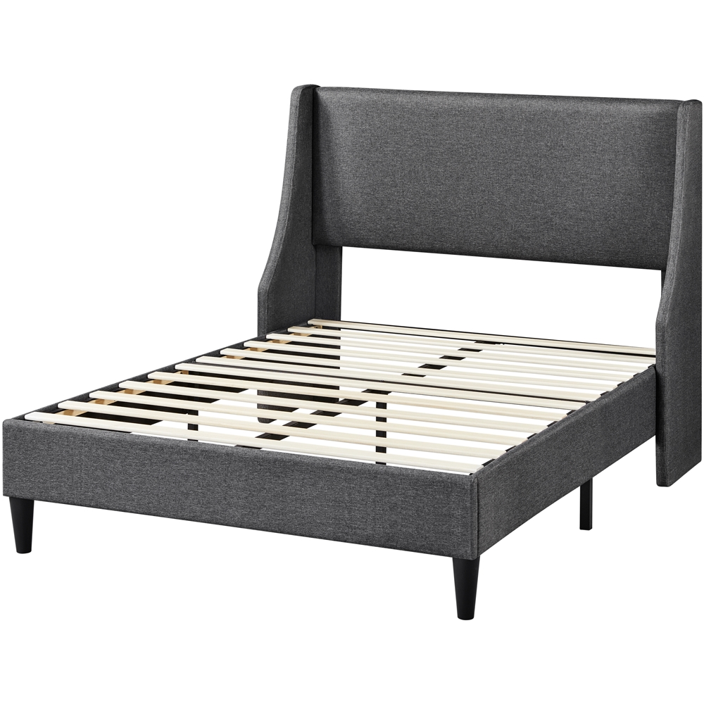 Easyfashion Upholstered Platform Bed Frame with Wingback Headboard, Dark Gray, Full