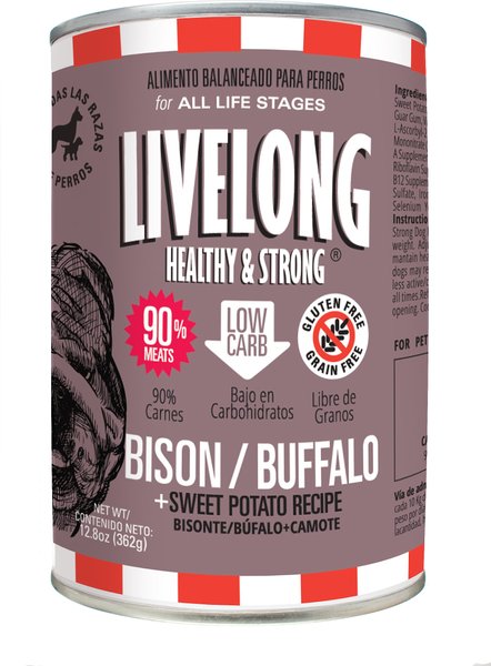 Livelong Healthy and Strong Bison/Buffalo and Sweet Potato Recipe Wet Dog Food， 12.8-oz can， case of 12