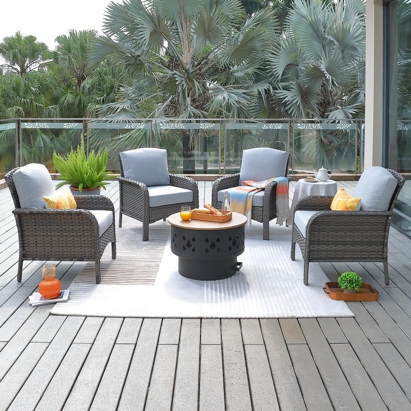 HOOOWOOO Outdoor Patio 5piece Wicker Chair Set with Wood Burning Fire Pit