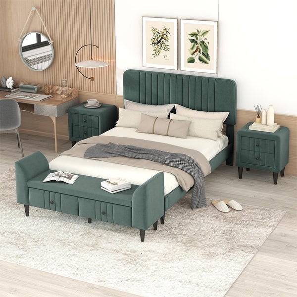 4-Pieces Upholstered Bedroom Sets w/ Platform Bed and 2 Nightstands and Storage Bench - - 37522169