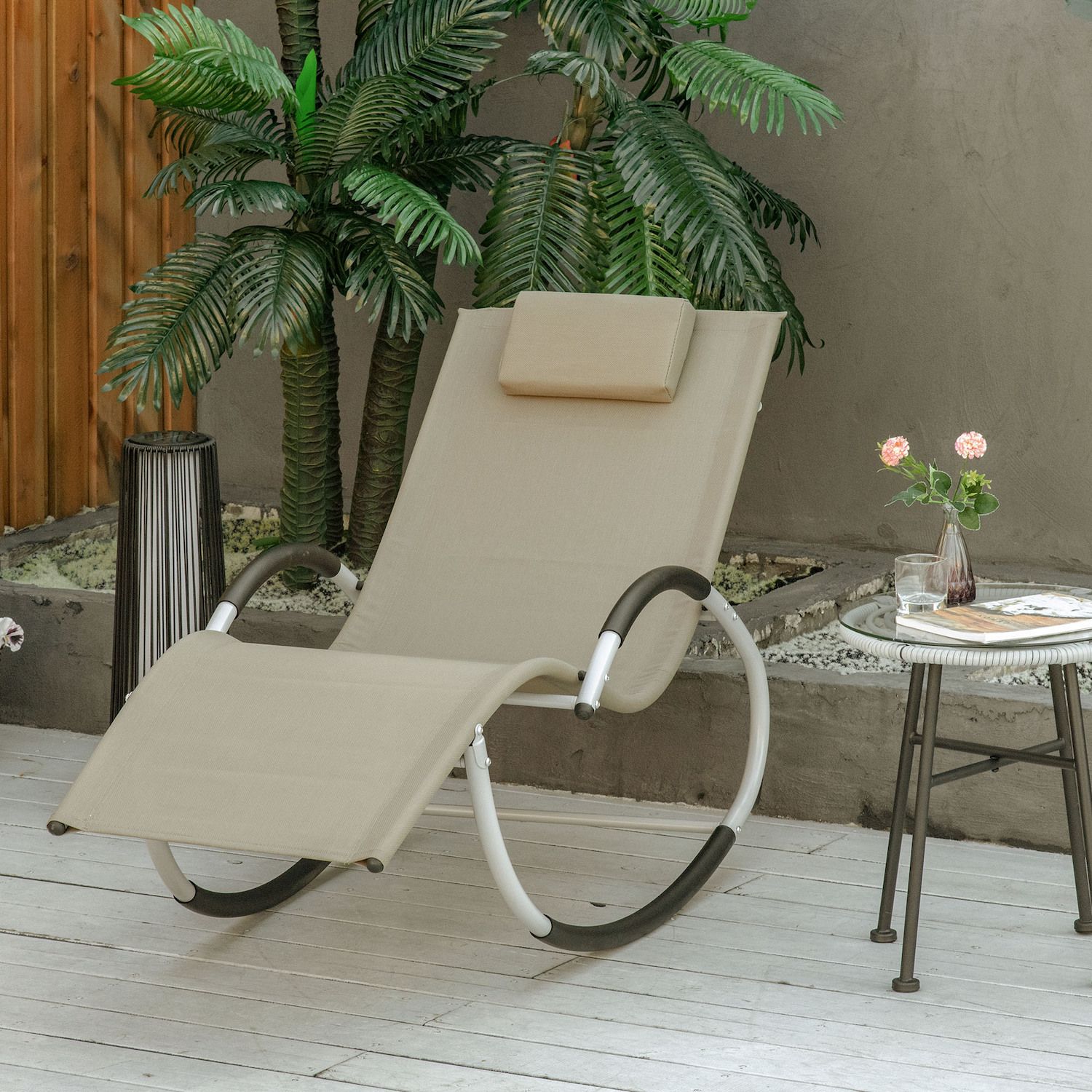 Outsunny Rocking Chair Patio Chaise Garden Sun Lounger Outdoor Reclining Rocker Lounge Chair with Pillow for Lawn Patio or Pool Beige