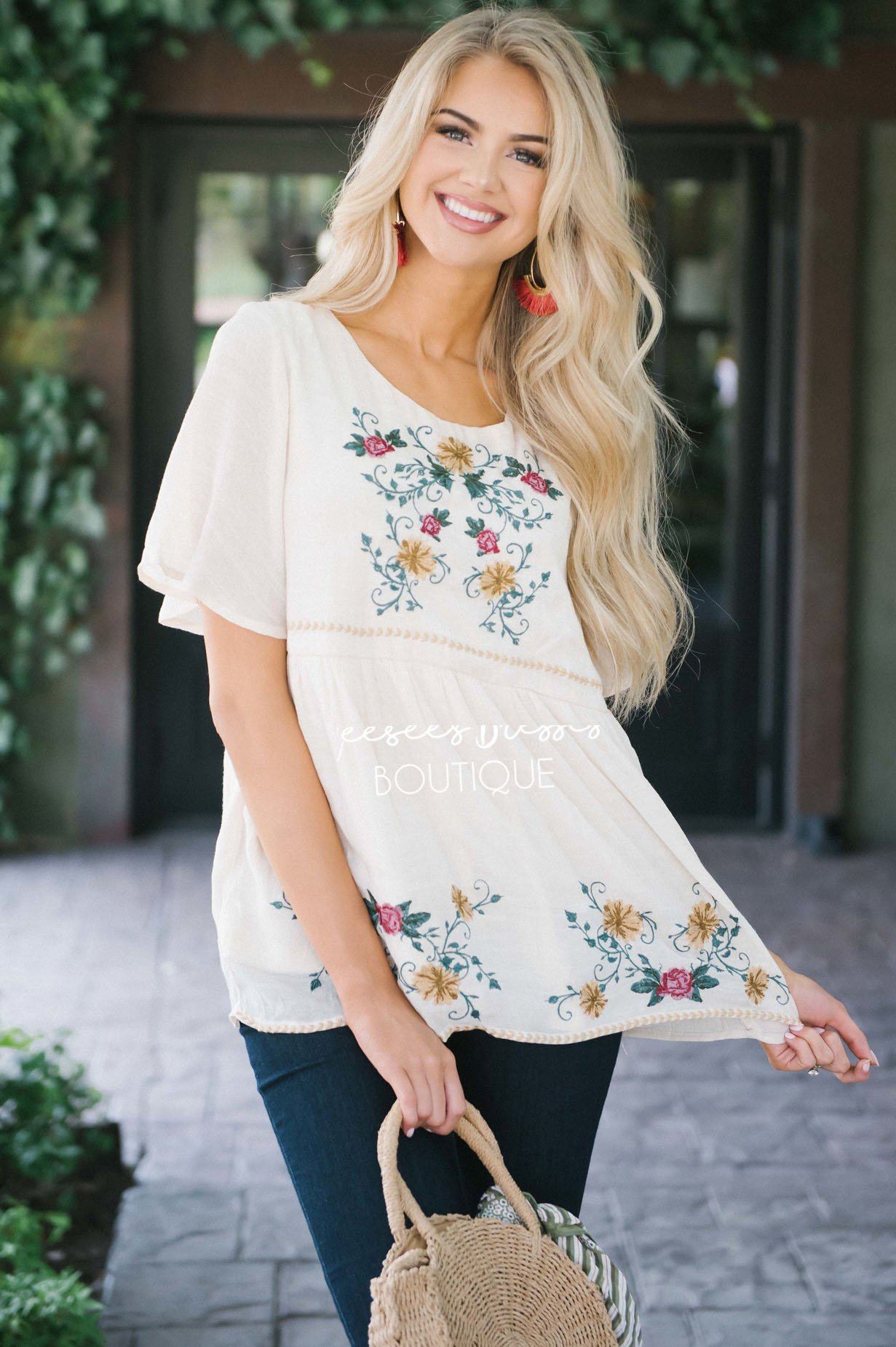 Floral Embroidered Cream Flowy Blouse