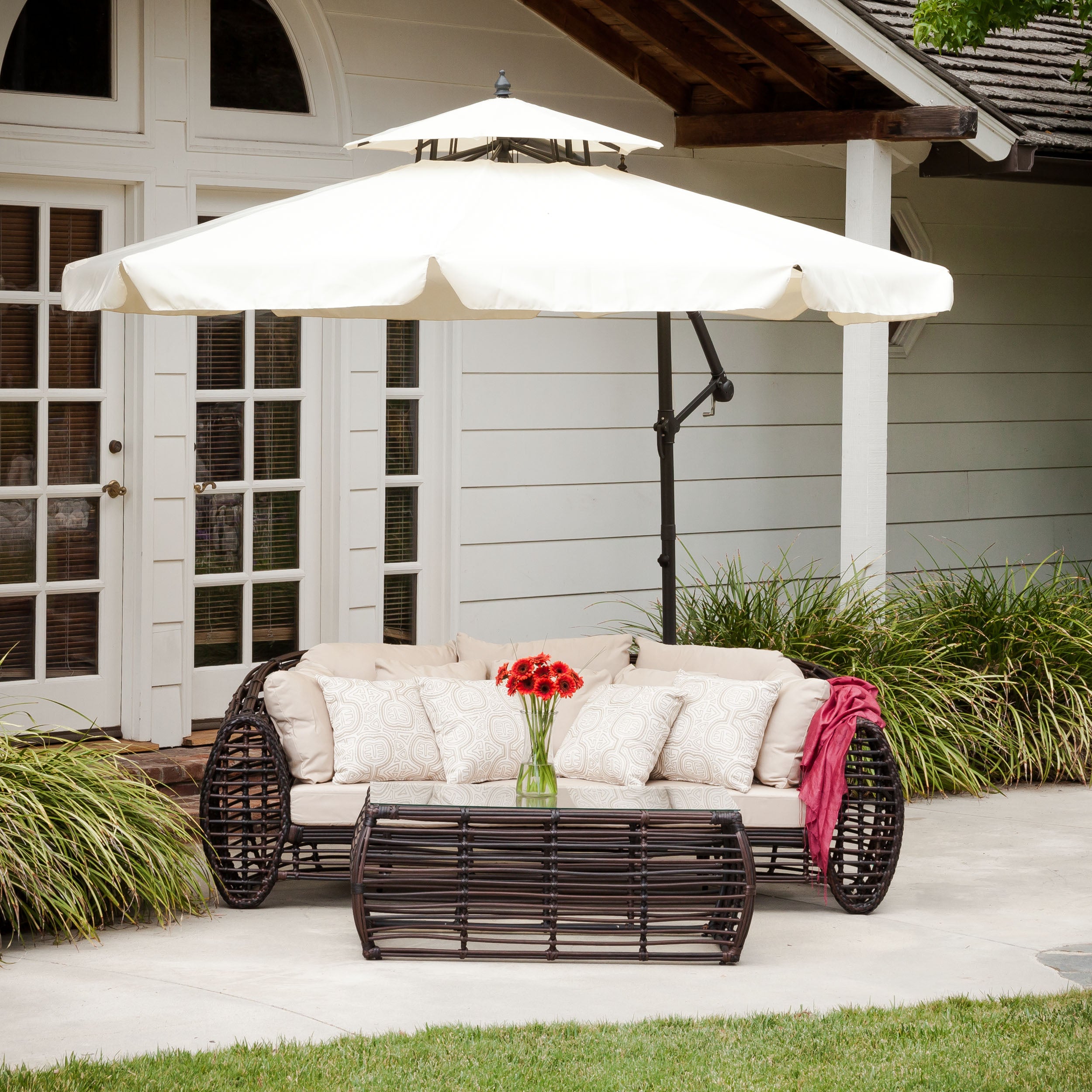 Tahiti Outdoor Beige Cantilever Patio Umbrella & Base