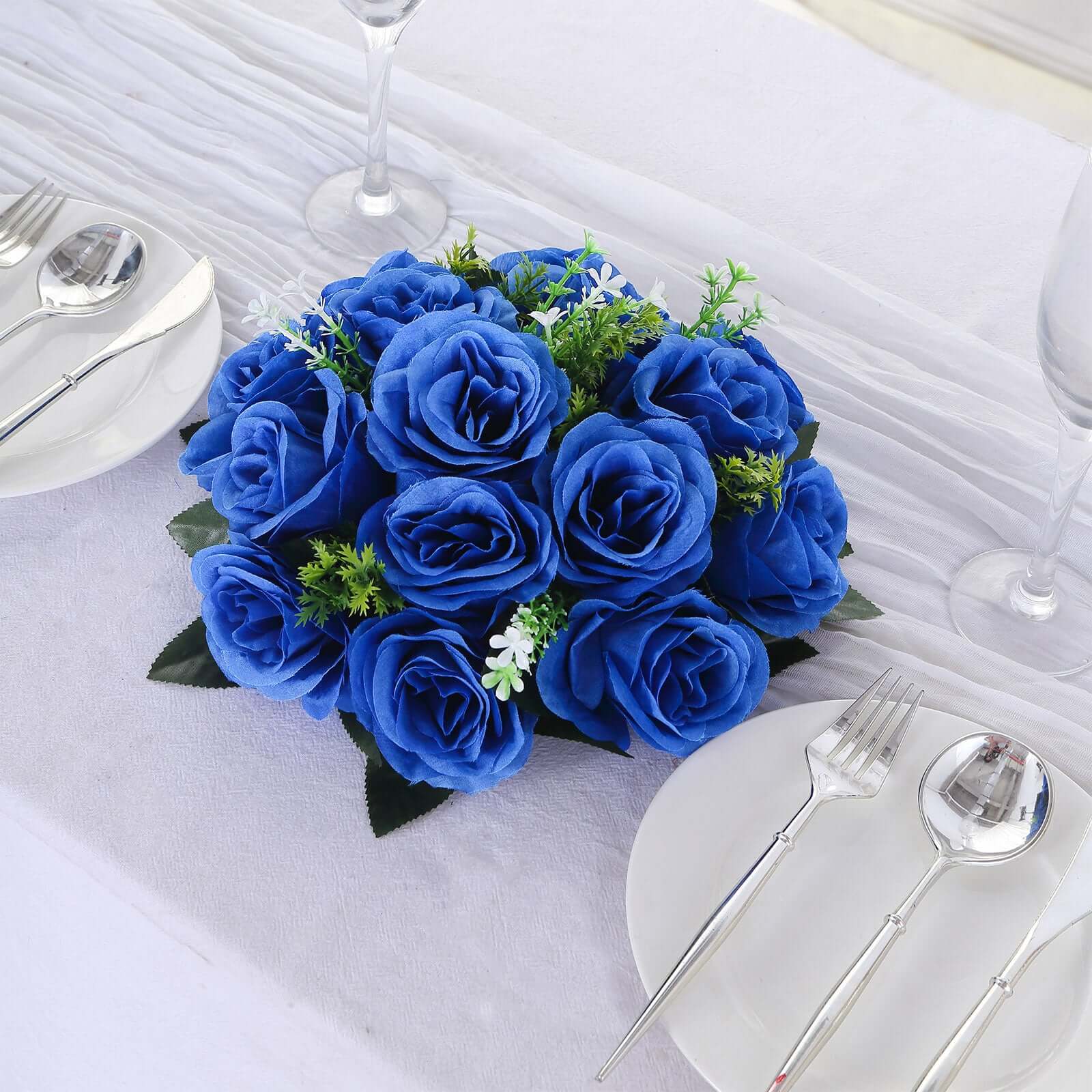 2 Pack Royal Blue Artificial Flower Ball Bouquets For Centerpieces, 15-Head Silk Rose Kissing Balls 10