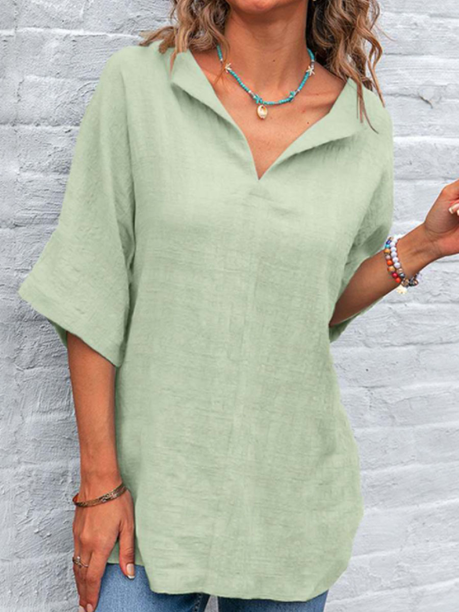 V-neck Casual Loose Solid Color Cotton And Linen Blouse