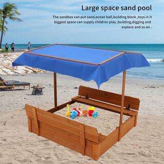 Cesicia Kids Outdoor Wooden Sandboxes with Canopy Retractable Covers Foldable Bench Seat M23224D01