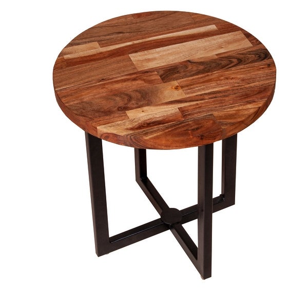 Peter 18 Inch Round End Side Table， Solid Acacia Wood Tabletop， Steel Frame， Brown， Black