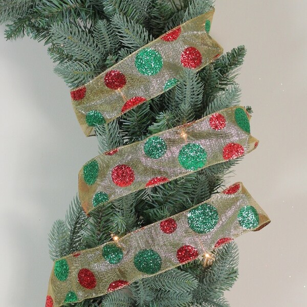 Red and Green Glitter Polka Dots on Metallic Gold Wired Ribbon 2.5 x 16 Yards