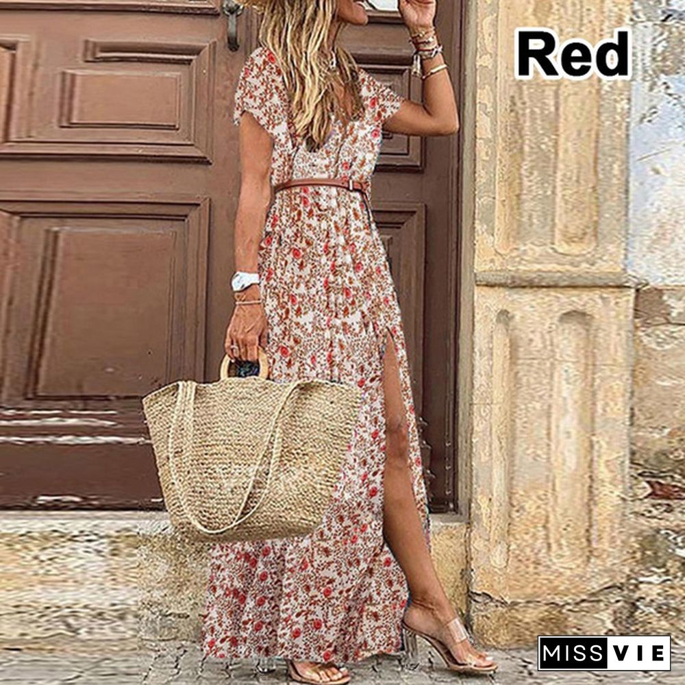 Summer Women's Fashion Retro Floral Elegant Dress Ladies Loose Casual Long Dress One-piece Bohemian Dress with Free Belt