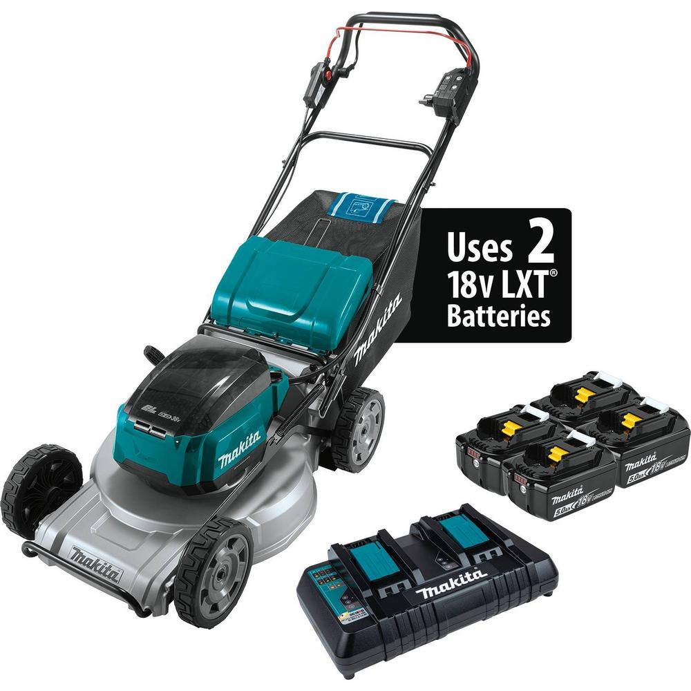 Makita 21 in. 18V X2 (36V) LXT Brushless Walk Behind Self-Propelled Lawn Mower Kit (5.0Ah) with bonus 18V X2 (36V) LXT Blower XML09PT1-XBU02Z