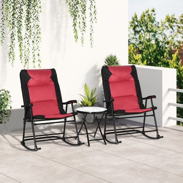 Outsunny 3 Piece Outdoor Patio Furniture Set With Glass Coffee Table amp 2 Folding Padded Rocking Chairs Bistro Style For Porch Camping Balcony