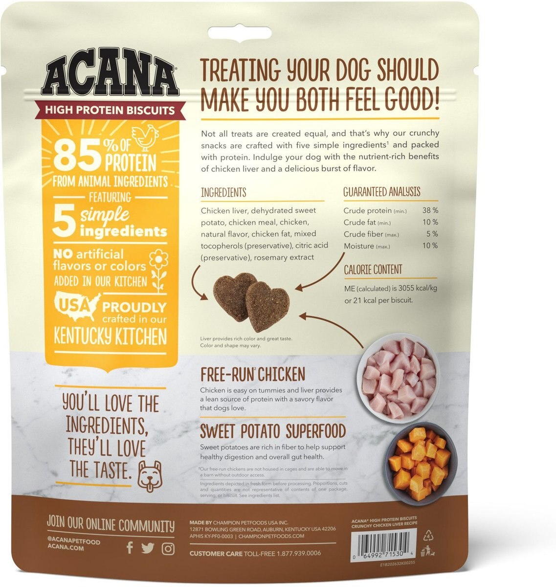 ACANA High-Protein Biscuits Grain-Free Chicken Liver Recipe Med/Large Breed Dog Treats， 9-oz bag