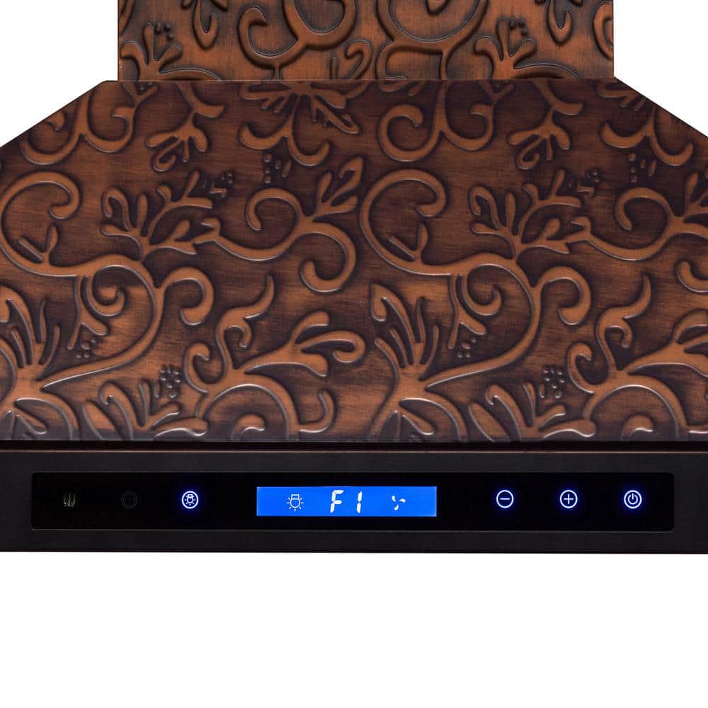 AKDY 36 in 343 CFM Convertible Island Mount Range Hood with LED Lights in Embossed Copper Vine Design with Carbon Filters