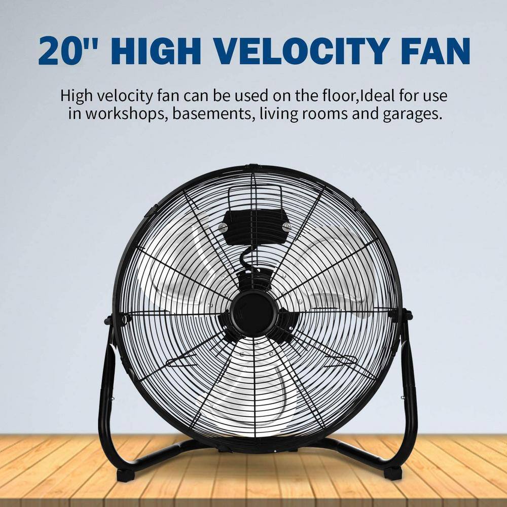 Aoibox 20 in. 3-Speed High-Velocity Industrial Heavy Duty Metal Floor Fan in Black with Tilting Head for OutdoorIndoor Use SNMX2861