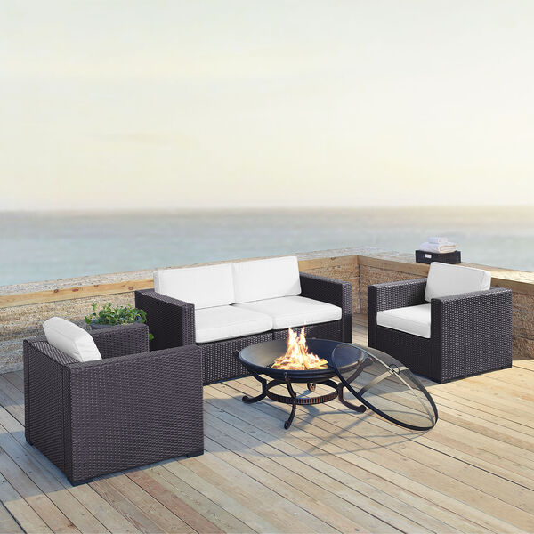 Biscayne 4 Person Outdoor Wicker Seating Set in White - Two Armchairs， Two Corner Chair， Ashland Firepit