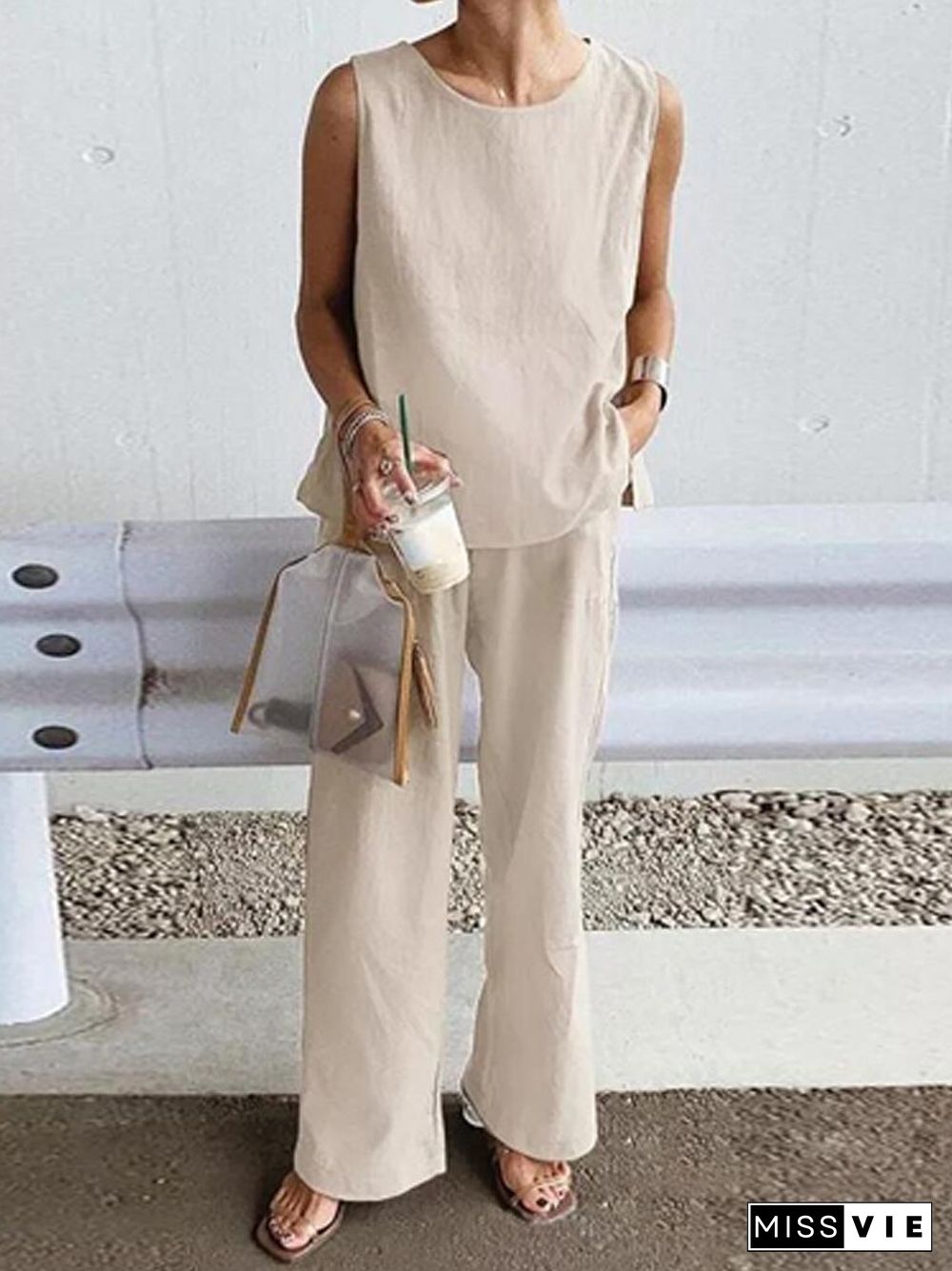 Summer Casual Lady Set Vintage Sleeveless O-Neck Top + Straight Wide Leg Pants Suit Women Fashion Solid Color Loose 2 Piece Sets