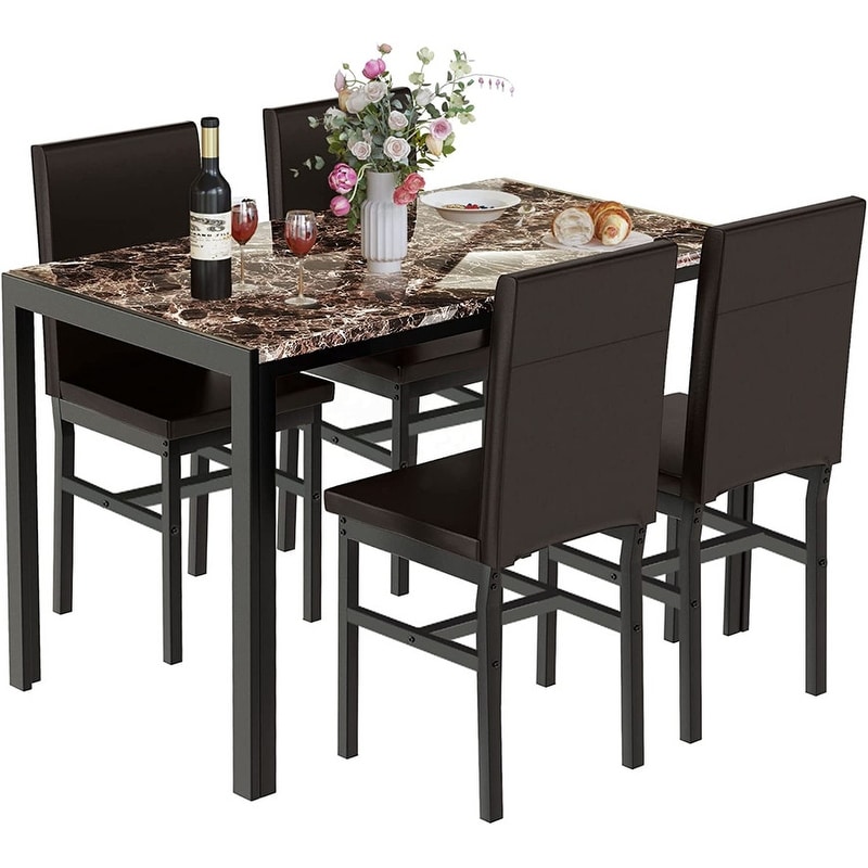 Modern Faux Marble 5 Pieces Kitchen Dining Set with 4 Cushion PU Leather Chairs