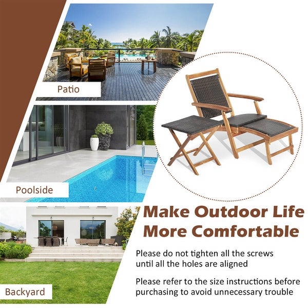 2-Piece Patio Rattan Folding Lounge Chair with Acacia Wood Table