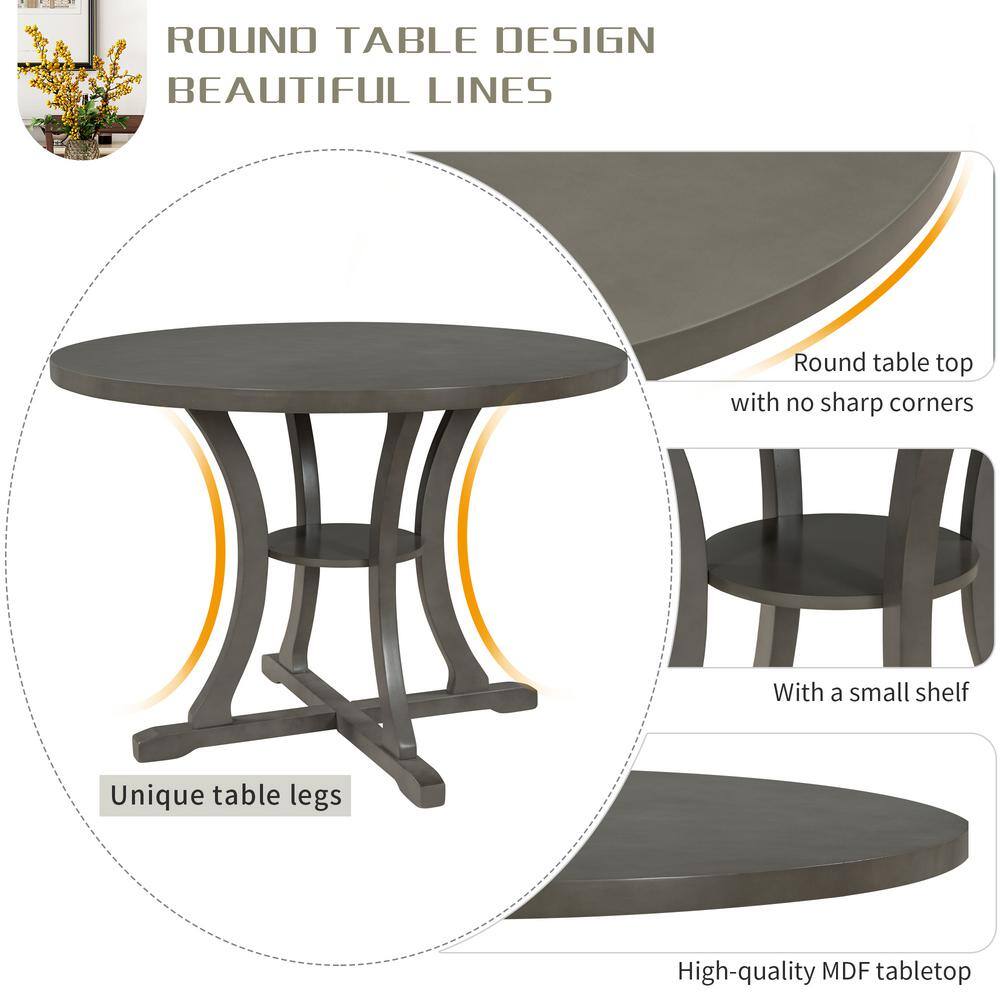 Harper  Bright Designs Exquisitely Designed 5-Piece Round Wood Top Gray Dining Table Set with Special-shaped Legs and Hollow Chair Back XW014AAE