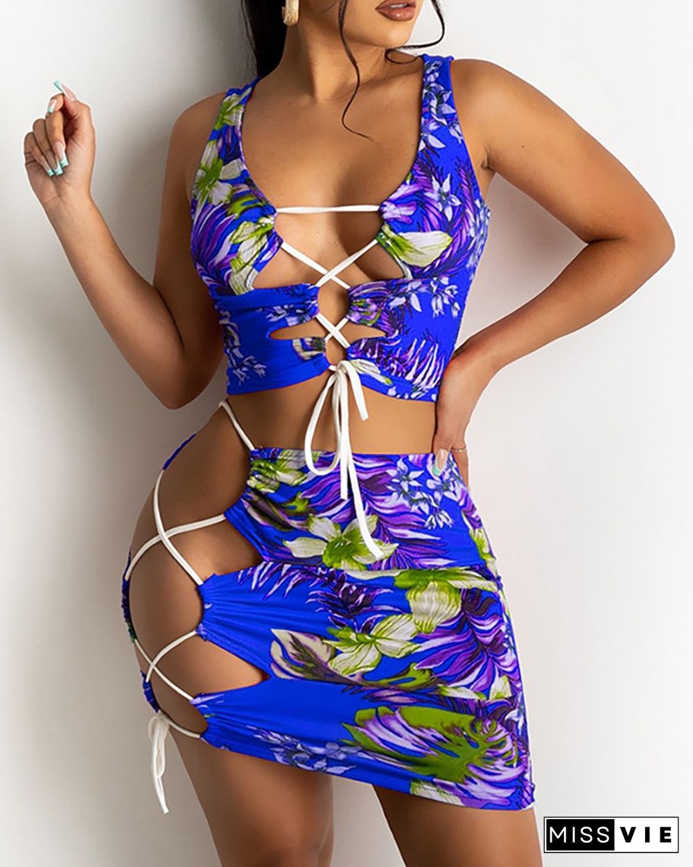 Floral Print Lace-up Sleeveless Crop Top & Skirt Sets