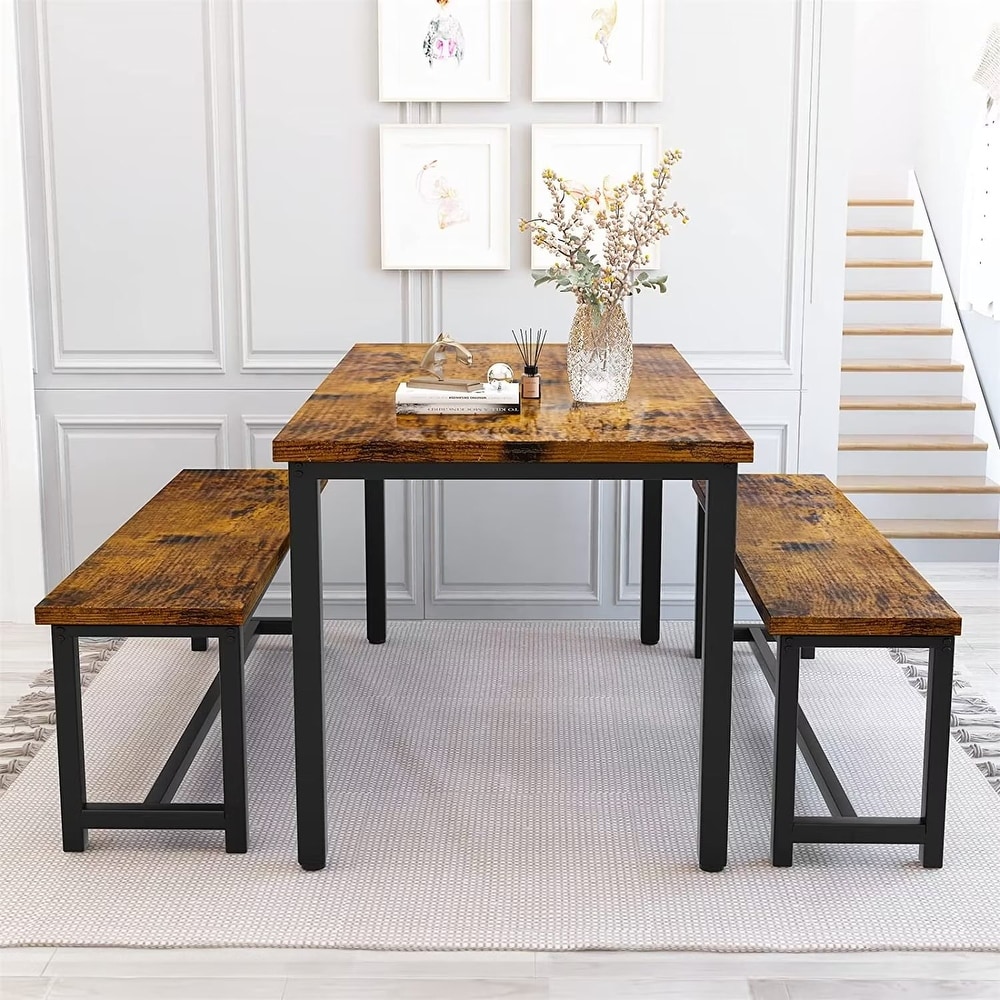 Industrial 3 Piece Dining Table Set  Retro Wood Kitchen Table Set with 2 Benches for Home Kitchen  Dining Room  Restaurant