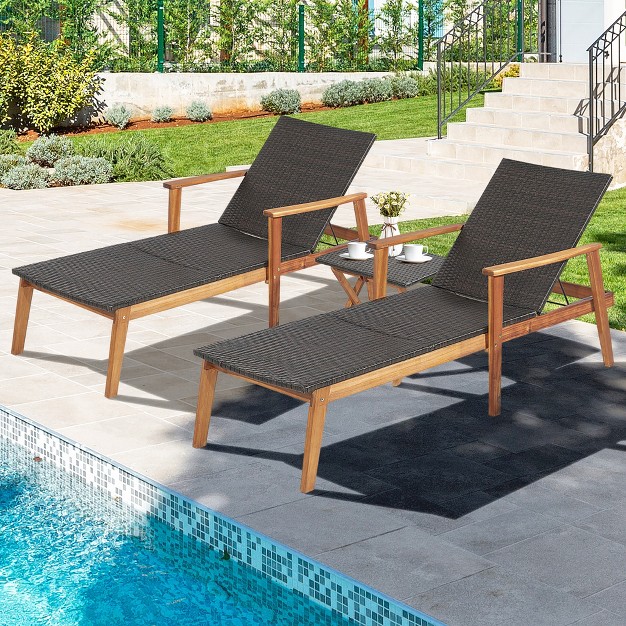 Tangkula 2pcs Patio Lounge Chair Adjustable Recliner Chair Acacia Wood Frame Folding Table Set