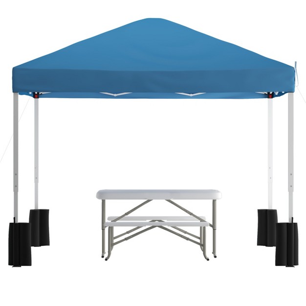 Flash Furniture 10 x27 x10 x27 Pop Up Event Canopy Tent With Wheeled Case And Folding Bench Set Portable Tailgate Camping Event Set