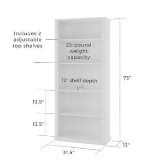 Brookside Elaine 72 in. White Wood 5-Shelf Standard Bookcase with Adjustable Shelves BS0001BKC00WH