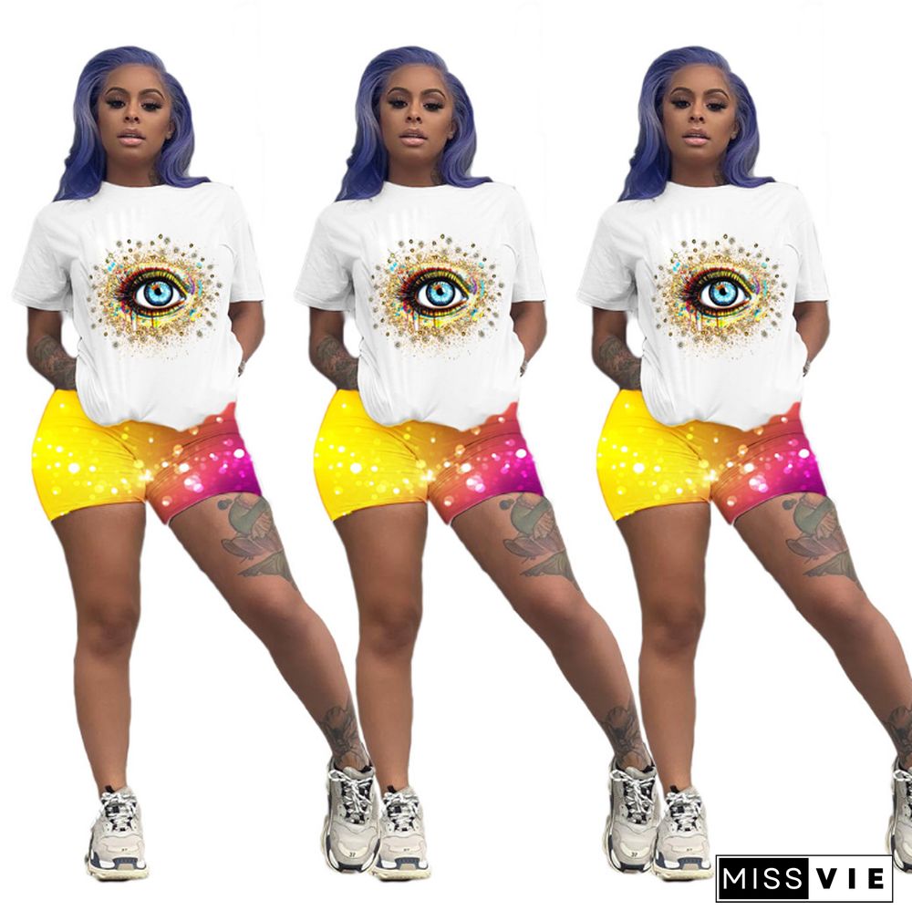 Positioning Gold Eye Print T-shirt and Color Shorts Two-piece Set