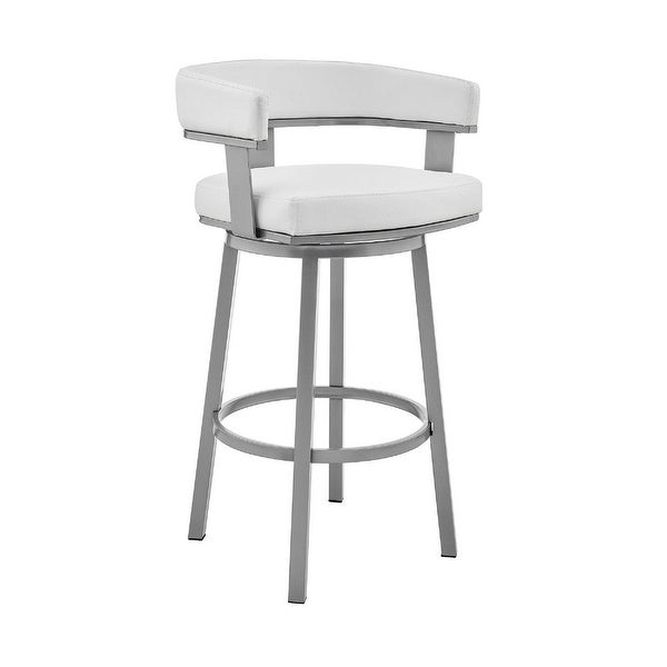 Swivel Barstool with Curved Open Back and Metal Legs， Silver and White