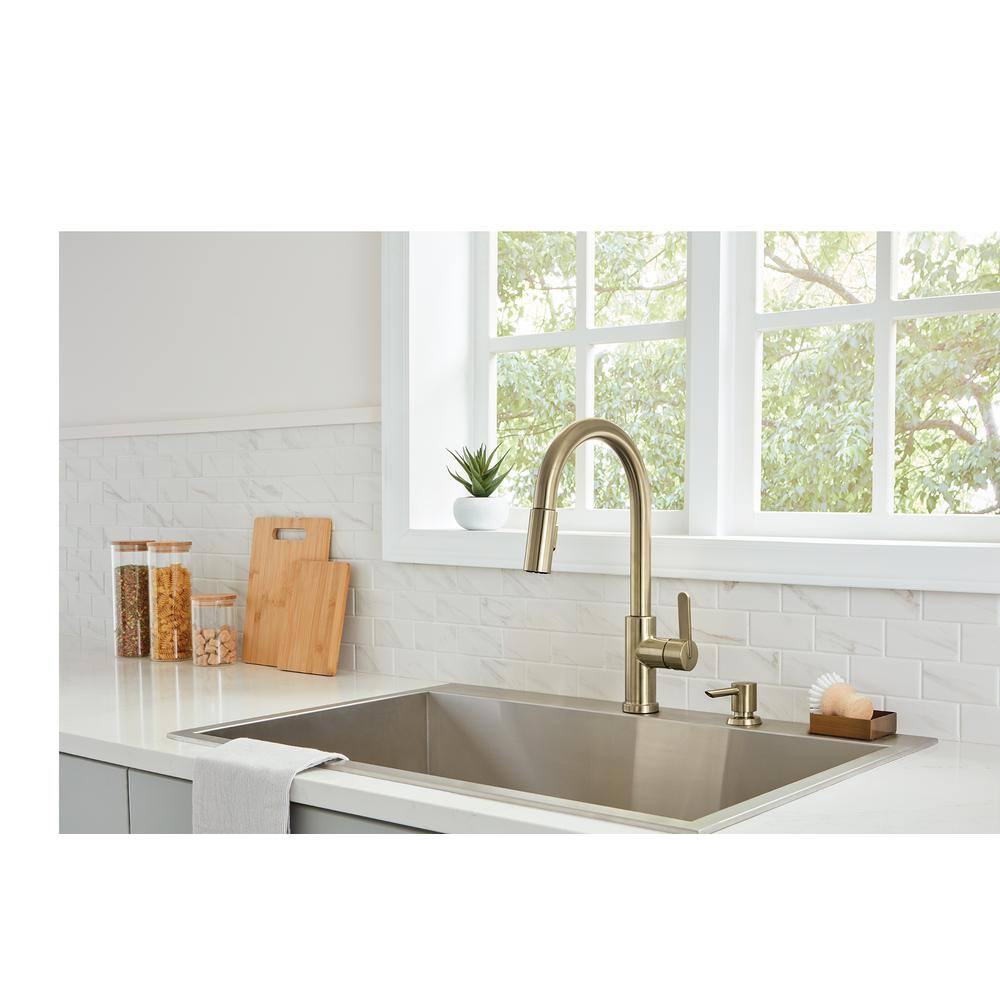 Glacier Bay Paulina Single Handle Pull Down Sprayer Kitchen Faucet with TurboSpray FastMount and Soap Dispenser in Matte Gold HD67780-104405