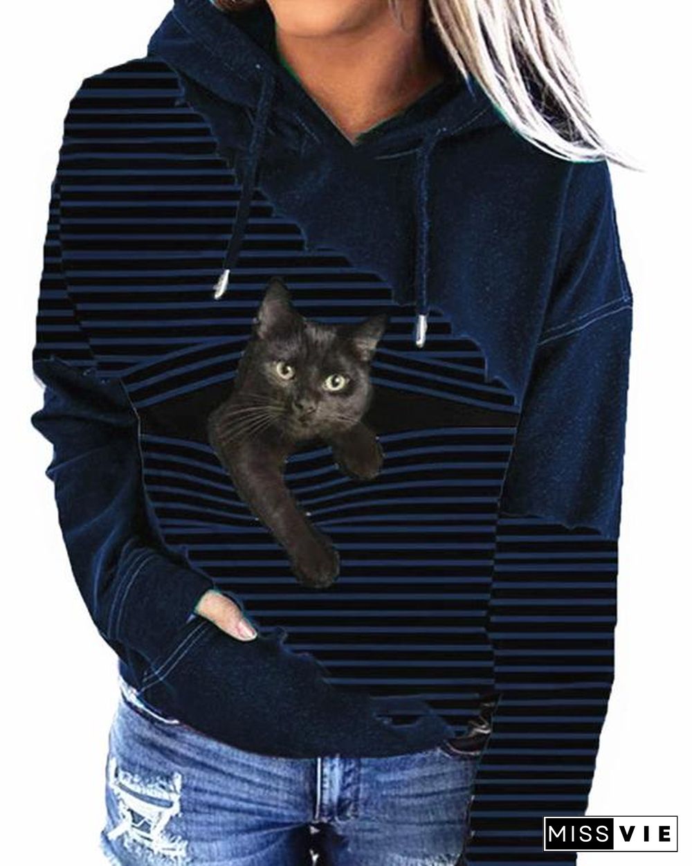 Women Fashion Cat Print Drawstring Hoodies