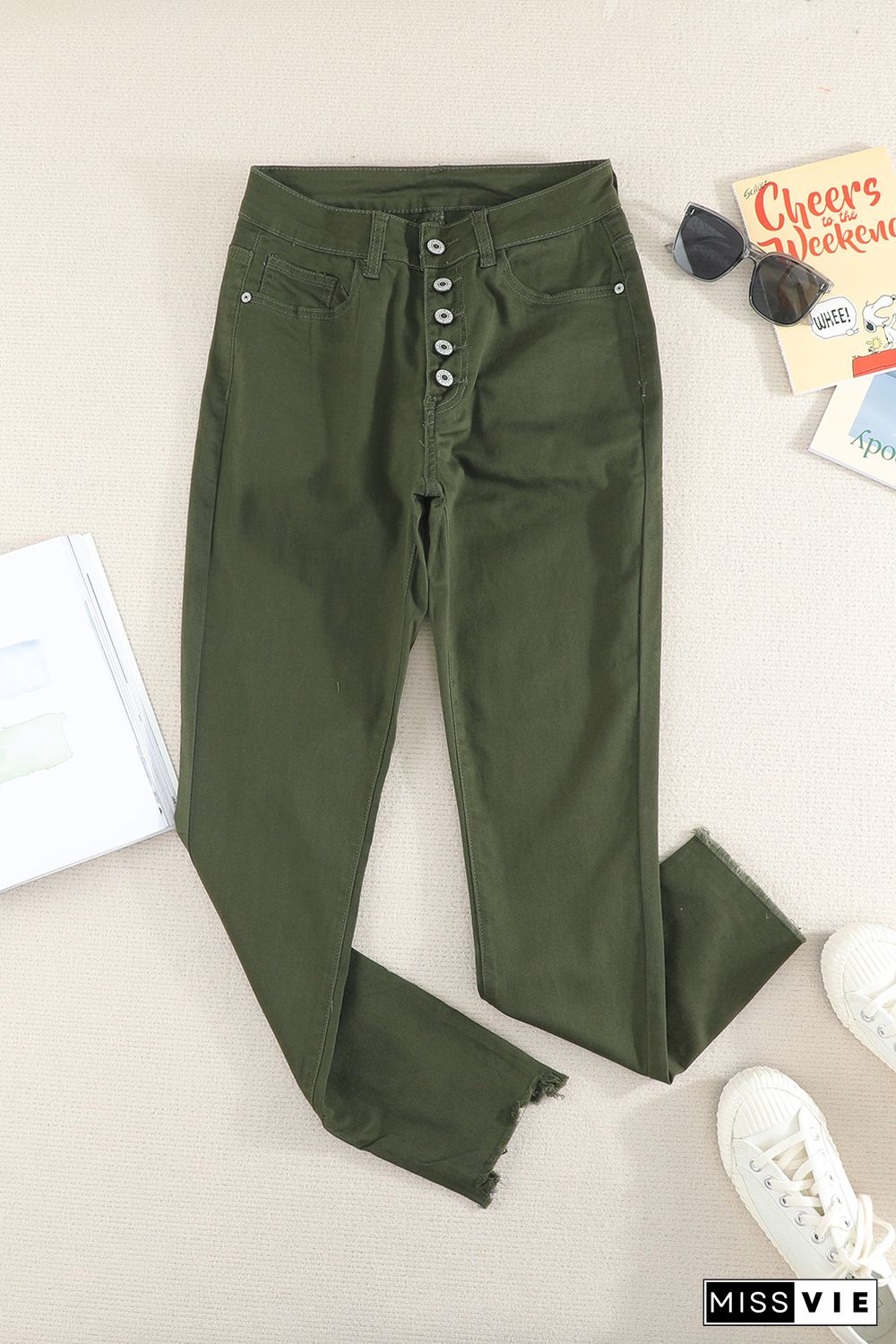 Green Plain High Waist Buttons Frayed Cropped Denim Jeans